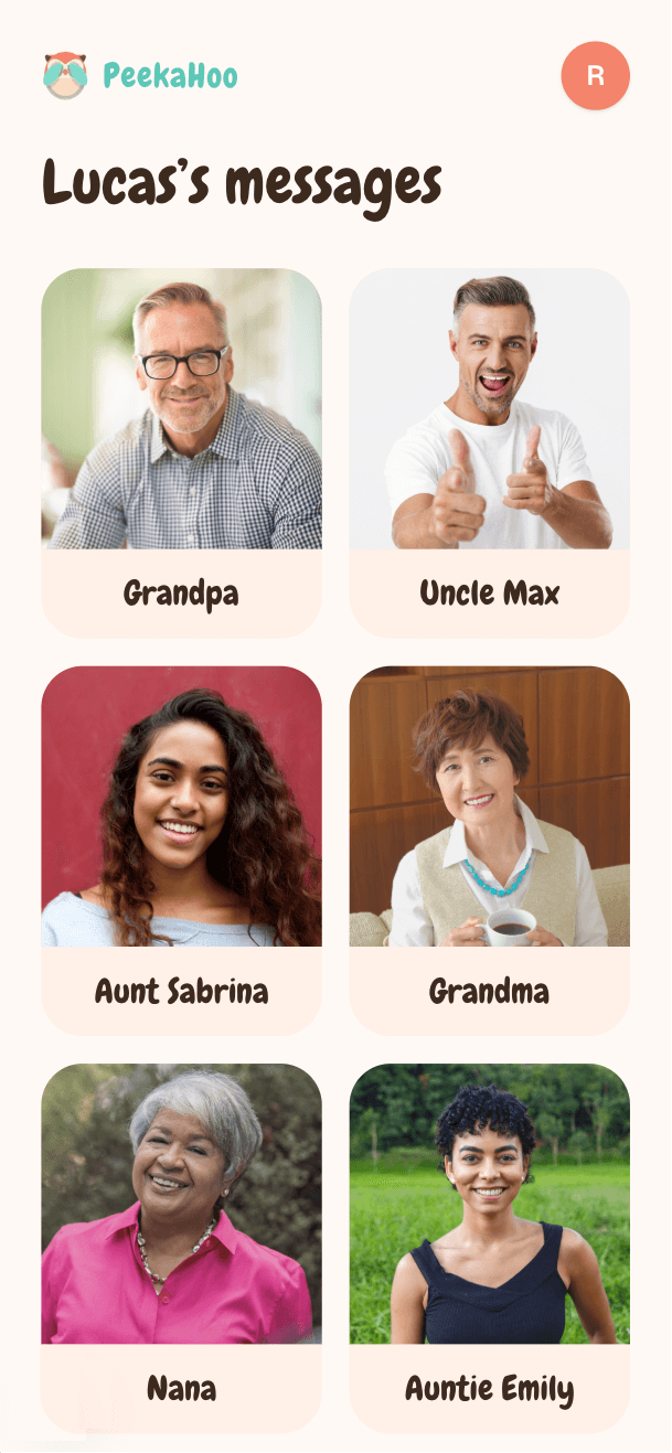 A PeekaHoo home screen showing tiles of family members